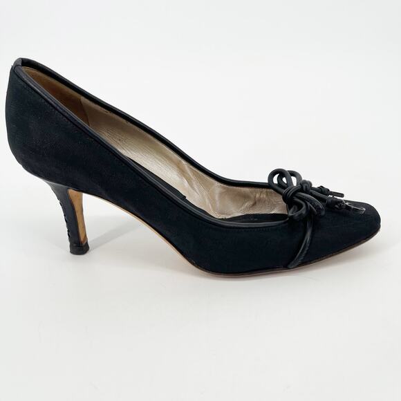 Dior Black Monogram Canvas CD Charm Bow Square Toe Mid Heel Pumps EU 37.5 - Picture 3 of 12